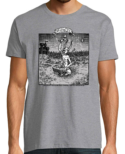 Image of white devil hammering his intestines with gray background