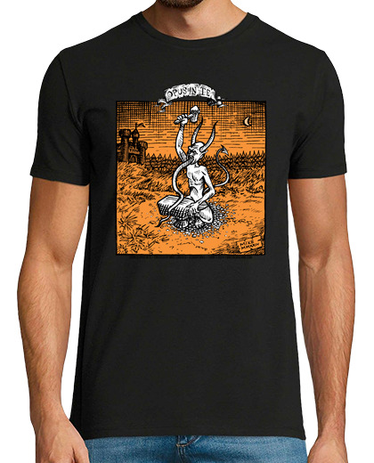 Image of white devil hammering his tongue with orange background