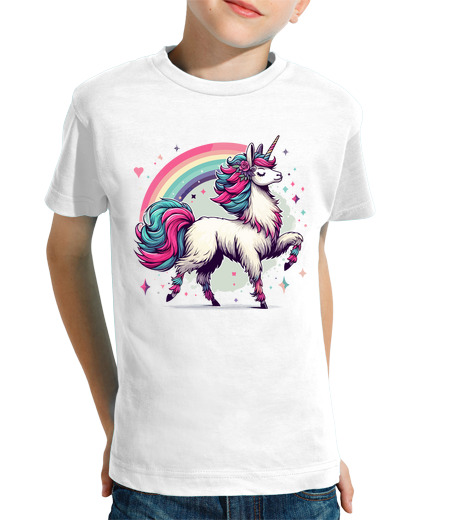 Tee Shirt Pour Enfant Manche Courte lama licorne arc-en-ciel kawaii