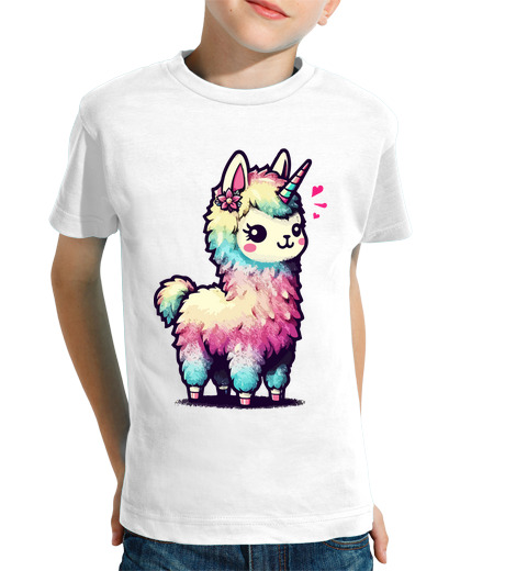 Tee Shirt Pour Enfant Manche Courte lama licorne arc-en-ciel kawaii