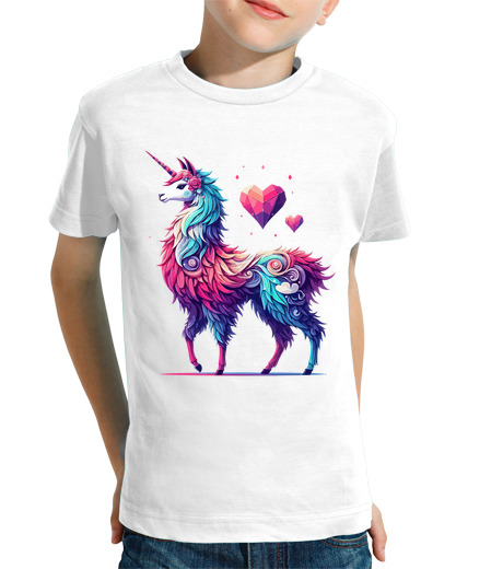 Tee Shirt Pour Enfant Manche Courte Licorne de lama arc-en-ciel doodle tend