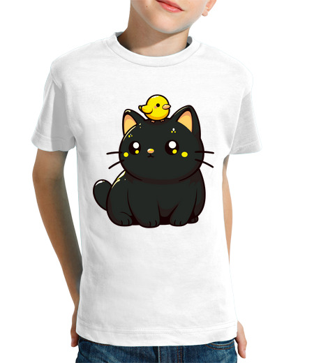 Tee Shirt Pour Enfant Manche Courte joli chat noir et oiseau jaune