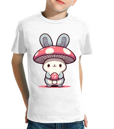 Tee Shirt Pour Enfant Manche Courte Lapin kawaii en chapeau de champignon