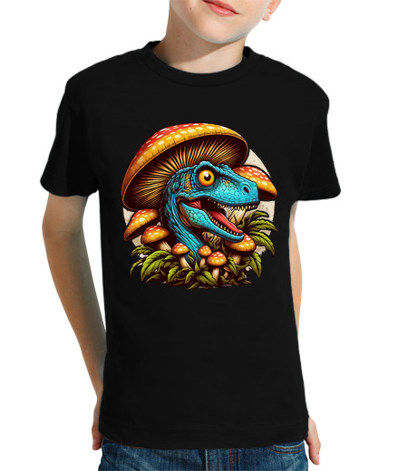 Tee Shirt Pour Enfant Manche Courte vélociraptor champignon chapeau dinosau