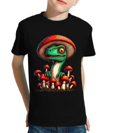 Tee Shirt Pour Enfant Manche Courte vélociraptor jardin de champignons dino