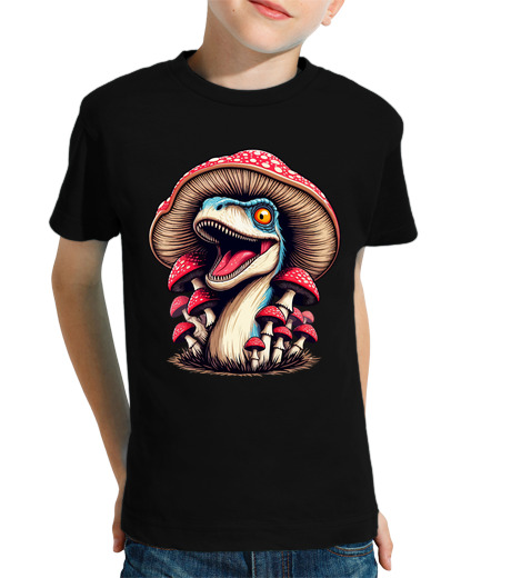 Tee Shirt Pour Enfant Manche Courte vélociraptor jardin de champignons dino