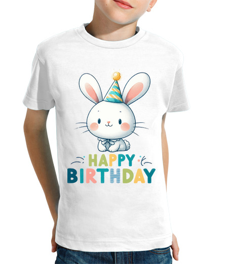 Tee Shirt Pour Enfant Manche Courte fête de lapin joyeux anniversaire kawai