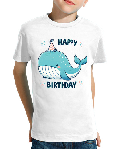 Tee Shirt Pour Enfant Manche Courte kawaii joyeux anniversaire baleine bleu