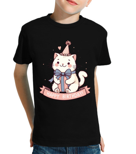 Tee Shirt Pour Enfant Manche Courte kawaii joyeux anniversaire chat blanc f