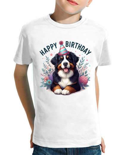 Tee Shirt Pour Enfant Manche Courte bouvier bernois joyeux anniversaire