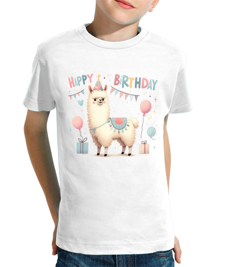 Tee Shirt Pour Enfant Manche Courte kawaii lama alpaga joyeux anniversaire