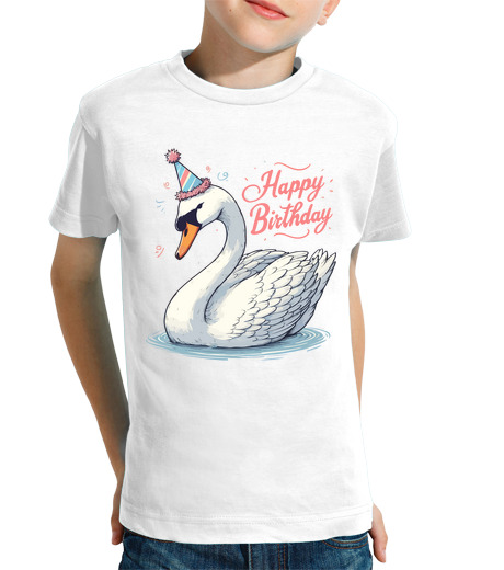 Tee Shirt Pour Enfant Manche Courte mignon cygne joyeux anniversaire fête