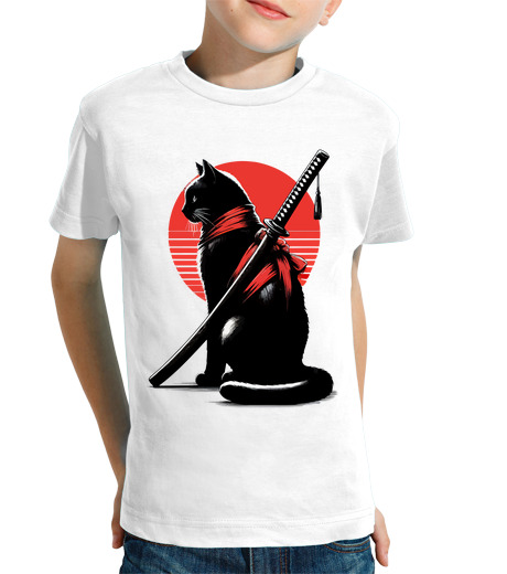 Tee Shirt Pour Enfant Manche Courte chat noir samouraï ninja japon art