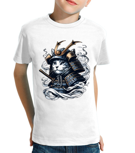 Tee Shirt Pour Enfant Manche Courte chat samouraï portrait ninja japon art