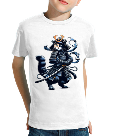 Tee Shirt Pour Enfant Manche Courte chat samouraï portrait ninja japon art