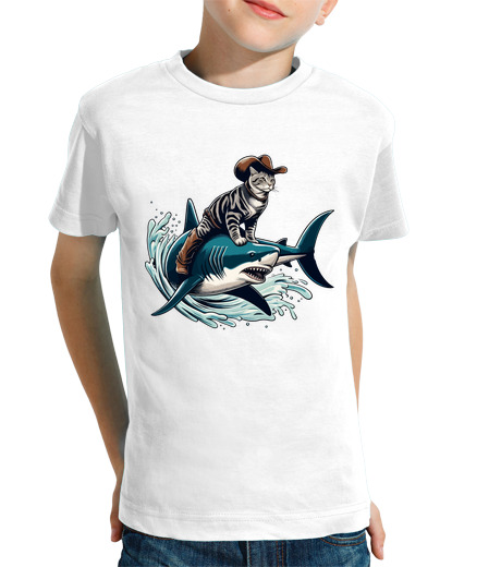 Tee Shirt Pour Enfant Manche Courte cowboy rodéo chat tour sur requin