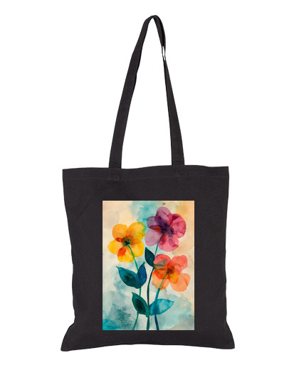 Image of BLACK TOTE BAG WATERCOLOR FLOWERS 4