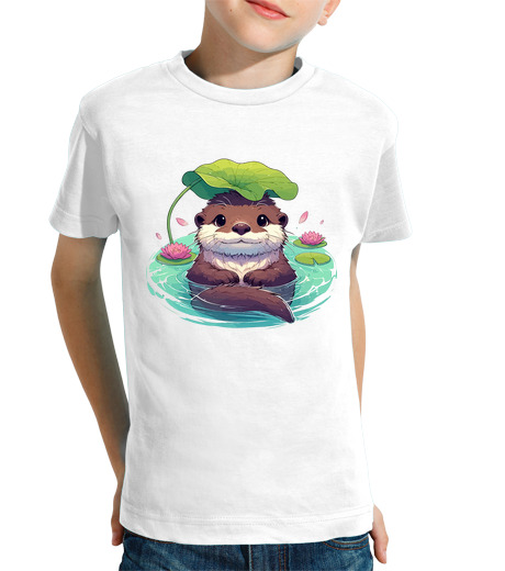 Tee Shirt Pour Enfant Manche Courte loutre anime mignonne avec nénuphar