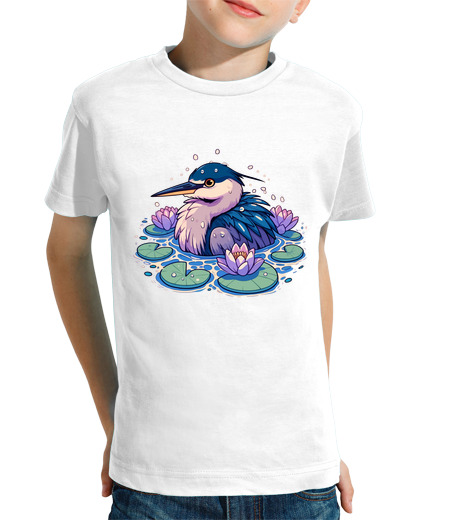 Tee Shirt Pour Enfant Manche Courte bain de héron anime avec nénuphar