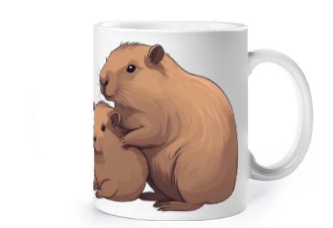 Image of capybara mom and her baby small cup coffee tea croissants herbal infusion