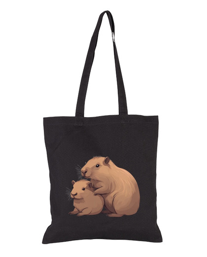 Image of capybara mom and her baby small beach tote bag