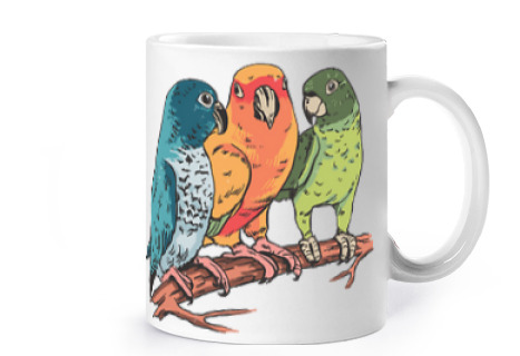 Image of three parakeets on a branch tree cup coffee tea croissants herbal tea infusion