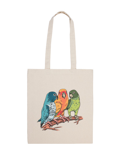 Image of three parakeets on a branch tree beach bag carry tote