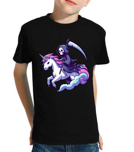 Tee Shirt Pour Enfant Manche Courte faucheuse mort chevauchant une licorne