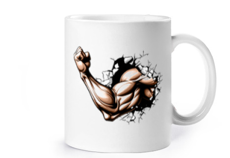Image of biceps muscles clenched fist swollen cup coffee tea mate croissants herbal infusion