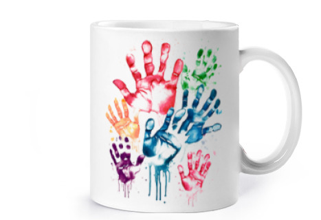 Image of hands colorful prints wall cup coffee tea croissants herbal tea dj dancefloor