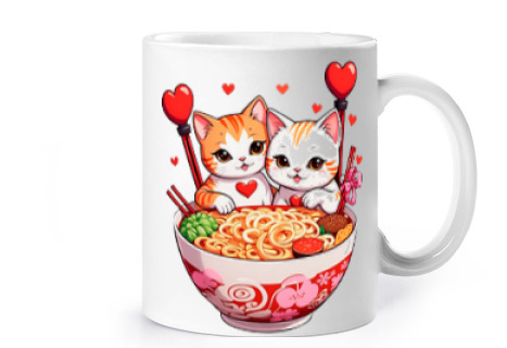 Image of white ginger cat ramen heart noodles cup coffee tea croissants infusion herbal tea