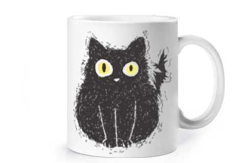 Image of black cat electrocuted humor funny cup coffee tea croissants herbal infusion