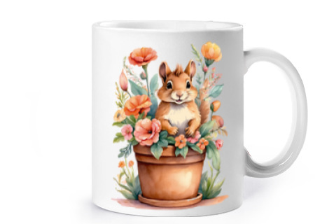 Image of cottagecore squirrel flowers pot cup coffee tea croissants milk herbal tea infusion
