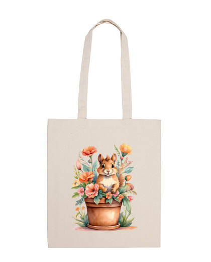 Image of cottagecore squirrel flowers pot bag travel vacation beach tote