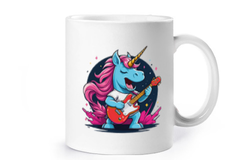 Image of unicorn playing guitar rock pop cup coffee tea croissants herbal tea infusion