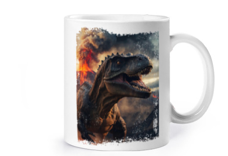 Image of t-rex dinosaur dino terrifying movie cup coffee tea croissants volcano eruption fire