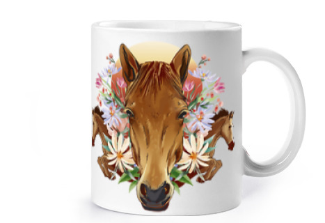 Image of horses table flowers cornflowers passion cup coffee tea croissants herbal tea infusion