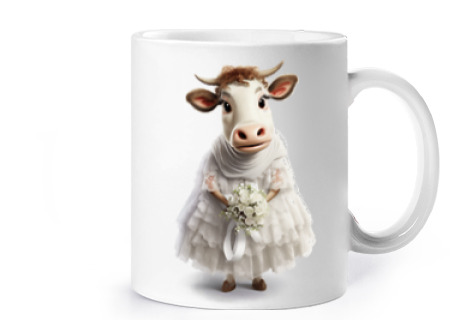 Image of cow as a bride vintage butcher shop retro funny cup coffee tea wedding croissants infusion herbal te
