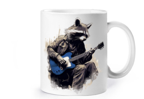 Image of raccoon guitarist customizable cup coffee tea croissants infusion herbal tea