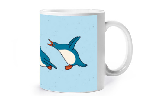 Image of funny penguins playing ice floe cup coffee tea croissants herbal tea infusion