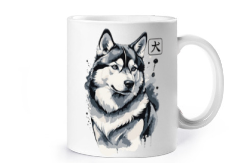 Image of siberian husky on board book cup coffee tea croissants herbal infusion