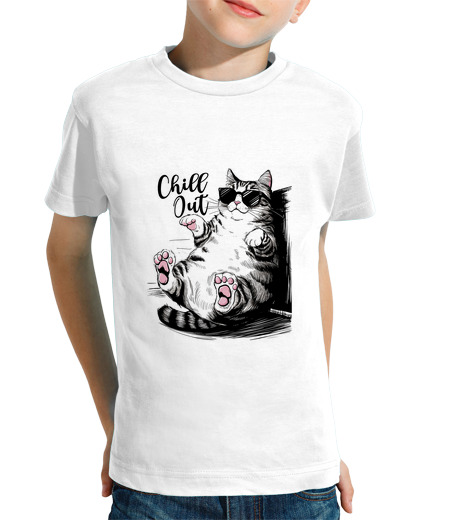 Tee Shirt Pour Enfant Manche Courte chat détendu