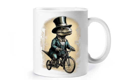 Image of t-rex dinosaur on bike belle epoque cup coffee tea croissants vintage bicycle