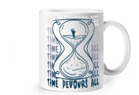 Image of hourglass time devours everything ironic cup coffee tea croissants herbal infusion