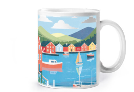 Image of bergen in norway travel boat cup coffee tea herbal tea colorful wooden houses