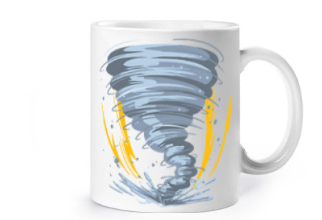 Image of tornado gust swirling cup coffee tea croissants comics drawing