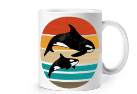 Image of whale family orcas orca ocean cup coffee tea croissants vintage retro