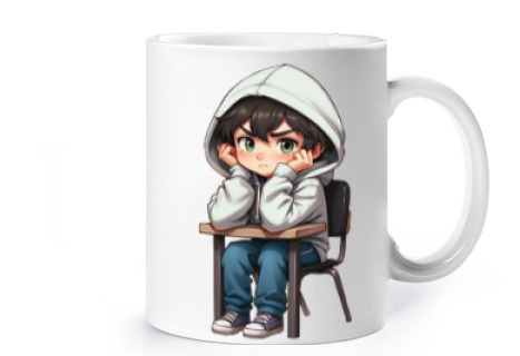 Image of manga boy schoolboy annoyed sulking cup coffee tea milk cocoa spread croissants exhibition gallery