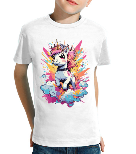 Tee Shirt Pour Enfant Manche Courte Licorne sur des nuages étoiles flash