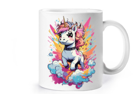 Image of unicorn on clouds stars flash cup coffee tea cocoa milk croissants spread herbal tea infusion